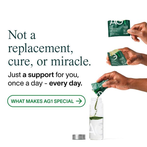 A clean, minimalist product ad showing the daily preparation of a supplement drink in a series of steps to emphasize simplicity and daily routine.